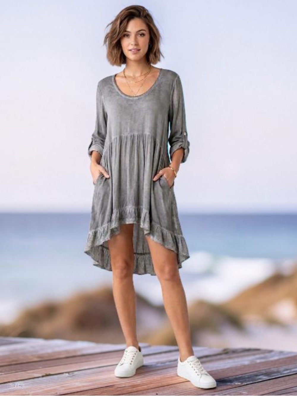 Women's Gray Long-Sleeve High-Low Dress